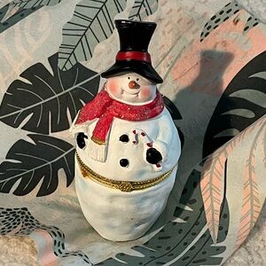 Charming Snowman Trinket Box Holiday Decor with Red Scarf & Black Hat